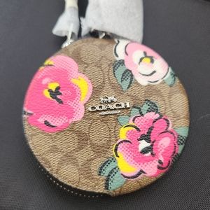 Coach New York Key Chain Pink khaki Flowers E2148 C5699 NEW